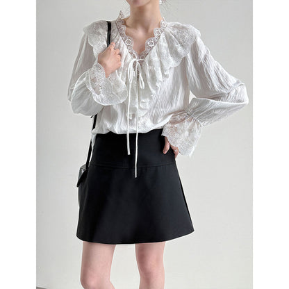 French V-Neck Lace Shirt Women's 26 Early Spring Gentle Wind Lace-Up Flared Sleeve Shirt