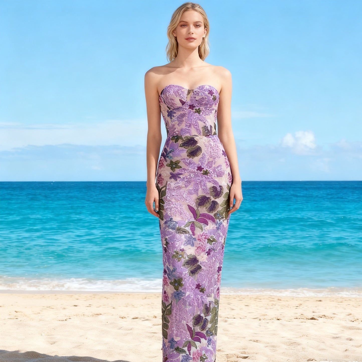 Embroidered Mesh Tube Top Maxi Dress