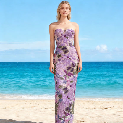 Embroidered Mesh Tube Top Maxi Dress