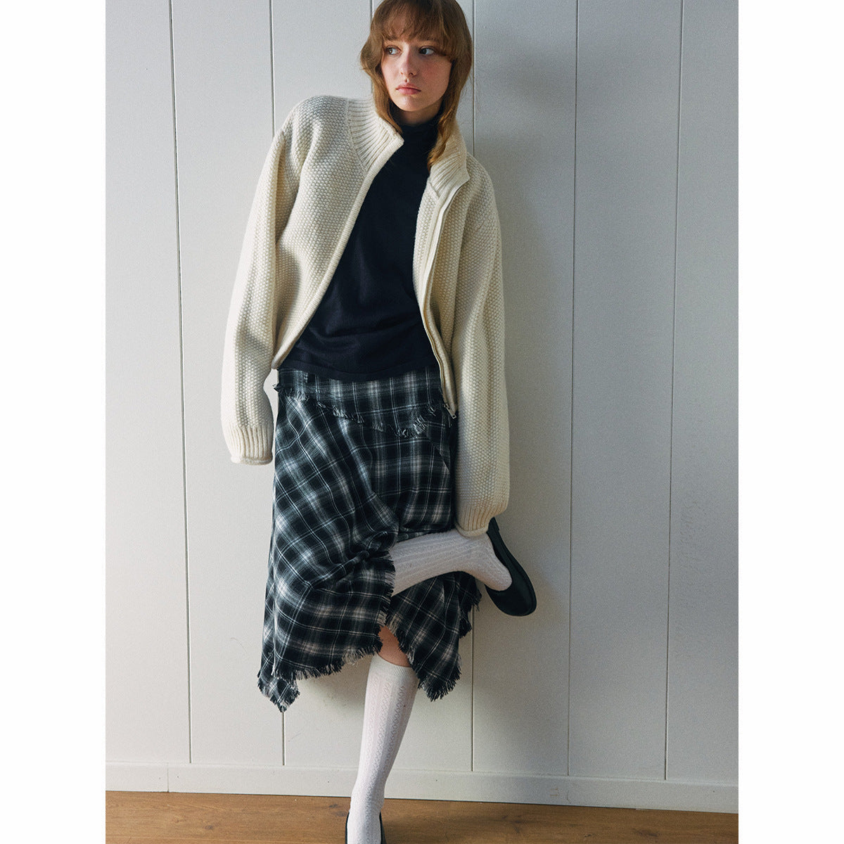 Autumn new casual plaid irregular classic versatile medium and long A-shaped skirt