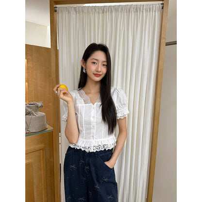 Small shirt lace edge splicing short sleeve shirt