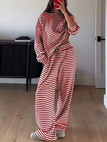 Striped Casual Two-Piece Set Women Long Sleeve Top High Waist Pants