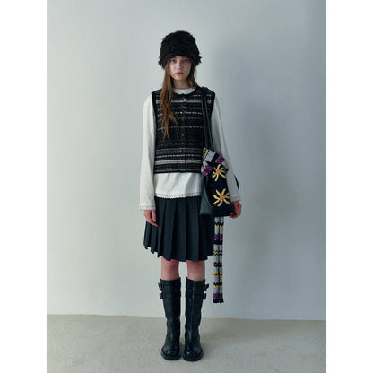 Winter new casual crew neck wool Fair Island floating thread jacquard cardigan vest