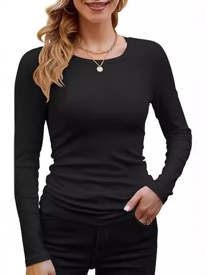 Ribbed Cotton Long Sleeve T-Shirt Women Solid Color Round Neck Slim Fit