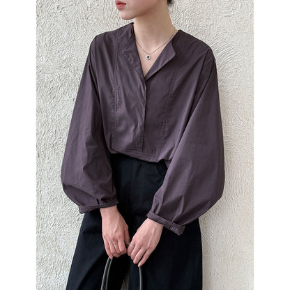 French high-end crew neck shirt women's autumn new loose and versatile lantern sleeve shirt top