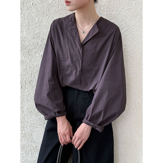 French high-end crew neck shirt women's autumn new loose and versatile lantern sleeve shirt top