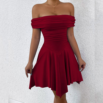 One-Shoulder Tube Top Dress Women Elastic Waist Irregular Hem Mini