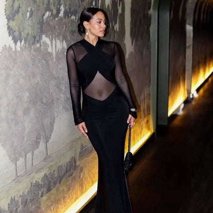 Perspective sexy solid color spice girl long dress slim fold European and American dress women