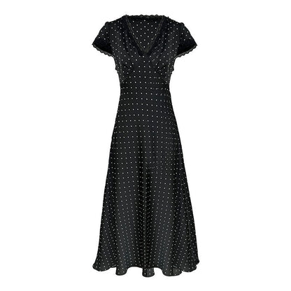 French V-neck lace splicing dress women's summer new polka dot temperament waist and thin dress