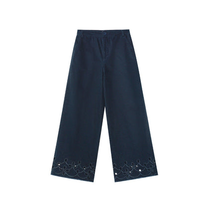 Age-reducing versatile hollow lace mid-rise straight casual pants