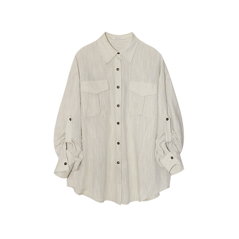 Spring Japan and Korea Casual Tooling Lapel Long Sleeve Loose Double Pocket Shirt