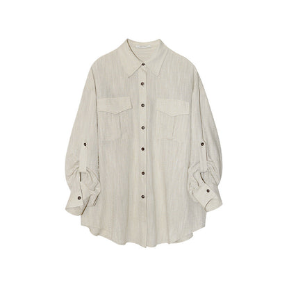 Spring Japan and Korea Casual Tooling Lapel Long Sleeve Loose Double Pocket Shirt