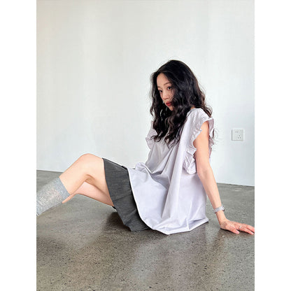 Korean version casual lace lotus leaf sleeve shirt top women's summer new V-neck button pleated short sleeve
