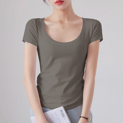 Round Neck Short Sleeve T-Shirt Women Slim Fit Cotton Base Layer Top