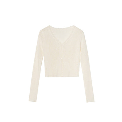 Thin knitted sweater commuter versatile single-breasted v-neck sunscreen shirt