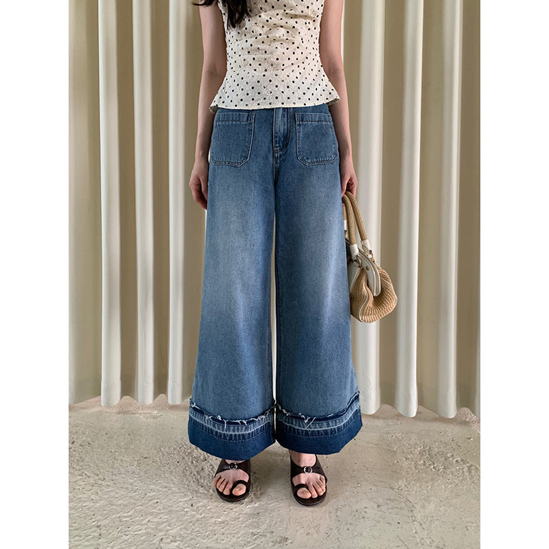 Washed light blue crimped woolen straight jeans