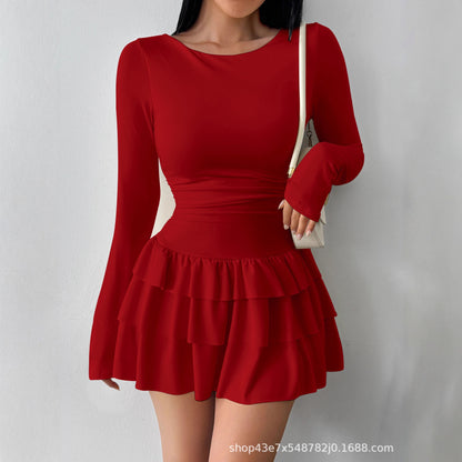 Slim Fit Midi Dress Women One-Shoulder Three-Quarter Sleeve Splicing