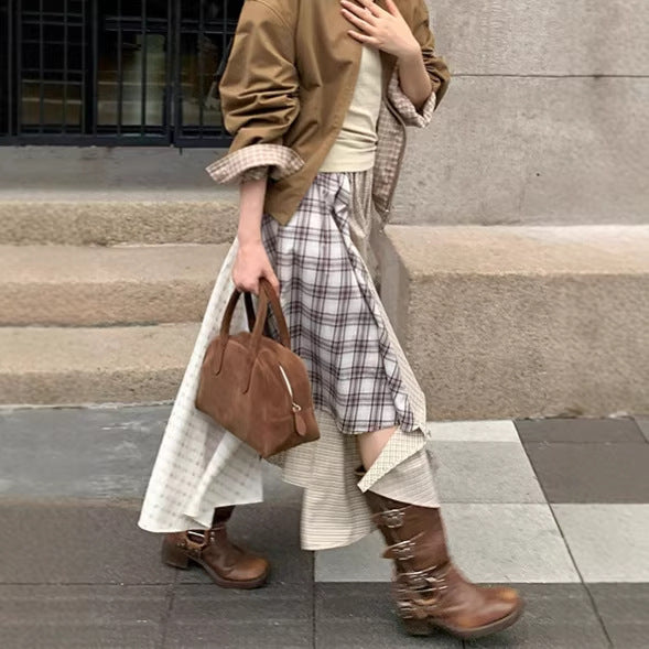 Irregular Vintage Plaid Patchwork Skirt