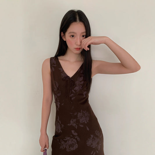 Autumn French retro rose print V-neck temperament sleeveless dress