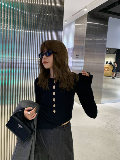 Dopamine Hollow Design Sense Wool Knitted Bottom Shirt Early Autumn Spice Girl Slim Sweater