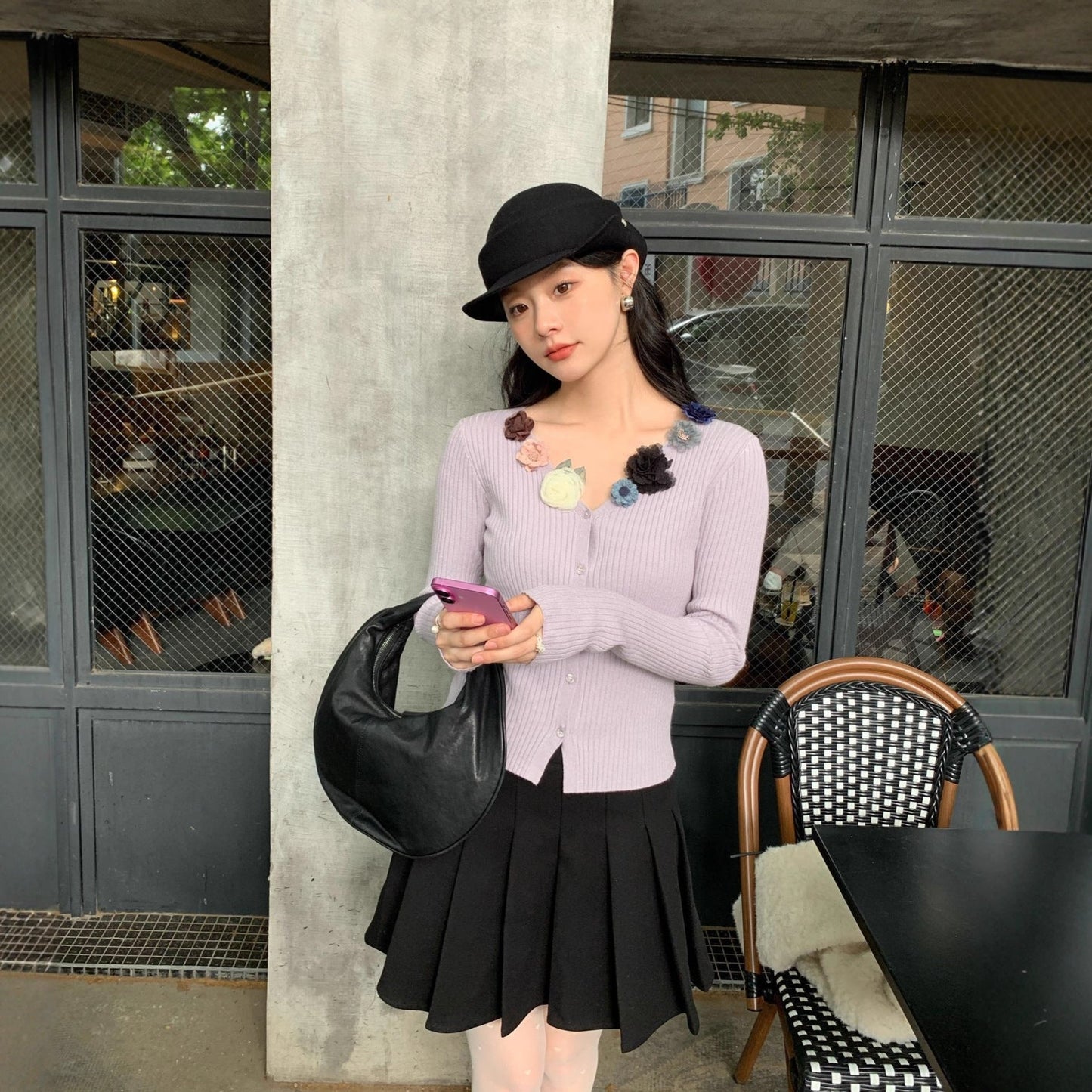 College retro thin a word high waist woolen pleated skirt
