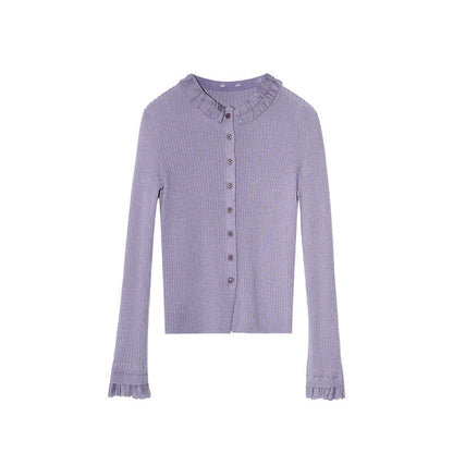 Sweet age-reducing pit strip fungus edge knitted cardigan sweater