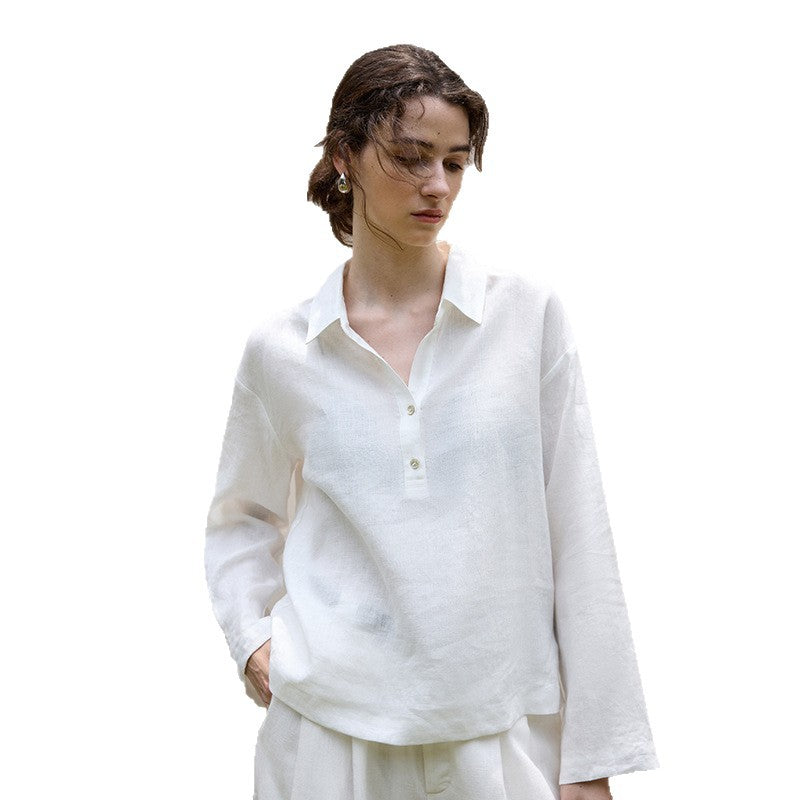 Linen Long Sleeve Polo Collar Shirt