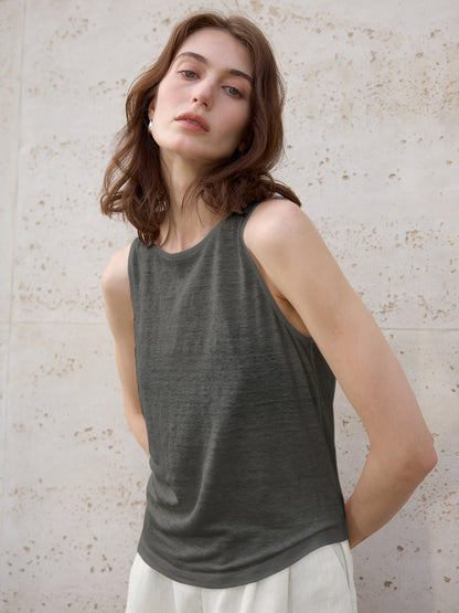 Hemp Sleeveless Top Women Slim Fit Swing Collar Knitted Shirt