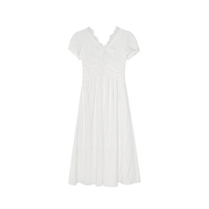 Pure and sweet bubble sleeve waist lace v-neck dress