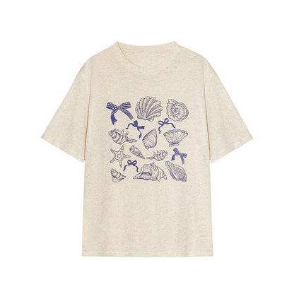 Age-reducing loose linen crew neck dropped shoulder short sleeve print T-shirt
