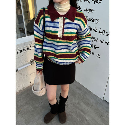 Korean striped polo neck sweater women's autumn and winter long-sleeved loose soft waxy knitted sweater colored top