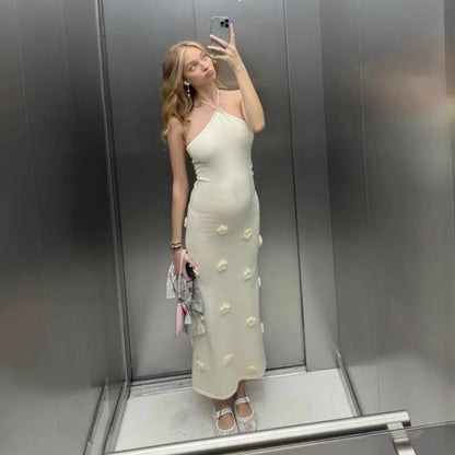 New fashion neck dress three-dimensional flower vacation wind needle hip dress
