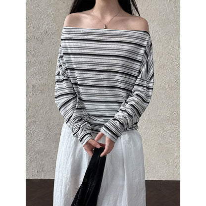 Light and thin sunscreen long-sleeved T-shirt for women~ Korean summer waist and thin one-word collar slanted shoulder striped top