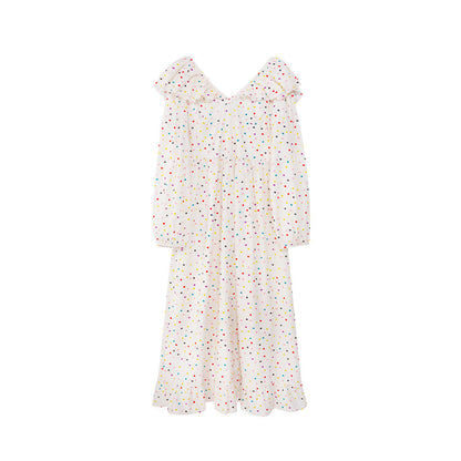 Age-reducing ruffle leaf edge waist polka dot dress