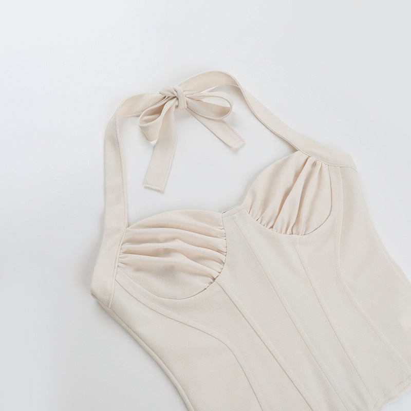 Elegant French V-Neck Lace-Up Halter Crop Top