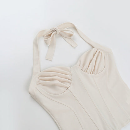 Elegant French V-Neck Lace-Up Halter Crop Top
