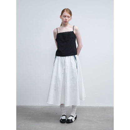 Summer new casual one-word collar linen cotton thin transparent embroidered solid color suspender top