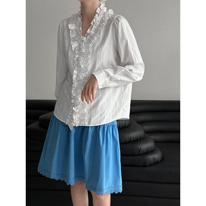 Gentle wind fungus edge V-neck shirt women's spring Korean versatile plaid texture shirt