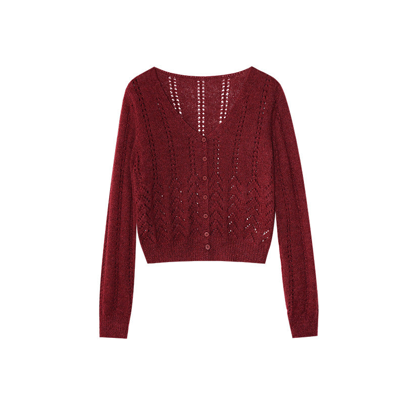 Casual single-row deep v-neck hollow-knit cardigan sweater