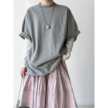 Casual solid color polished loose shoulder short sleeve women's early spring new silhouette simple round neck T-shirt