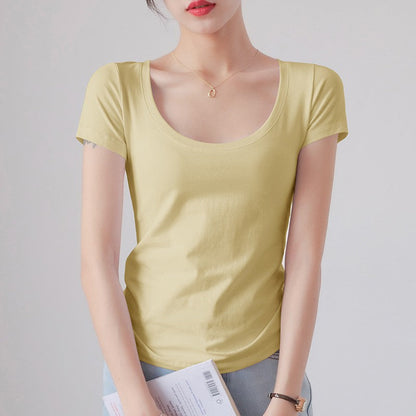 Round Neck Short Sleeve T-Shirt Women Slim Fit Cotton Base Layer Top