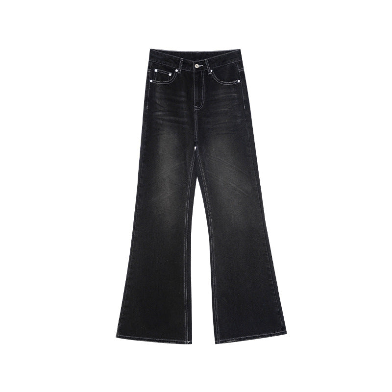 Versatile and slim high-waisted dark gray fashion slightly pulled jeans