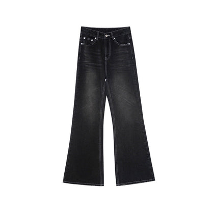 Versatile and slim high-waisted dark gray fashion slightly pulled jeans