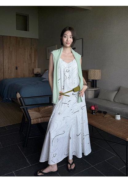 Tencel linen spiral line suspender skirt