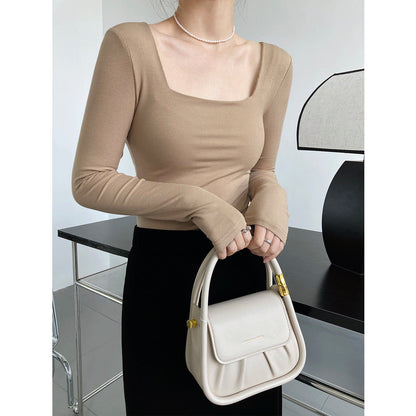 Design Sense Long Sleeve Square Neck T-Shirt Women's Slim Skinny Showing Clavicle Low Neck Short Top Bottom Shirt