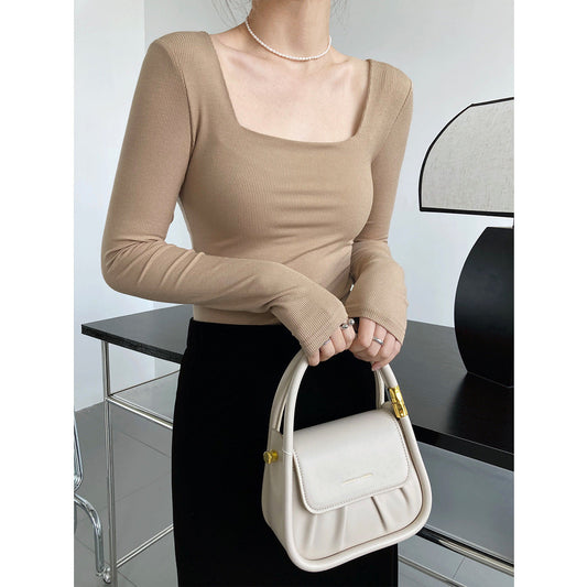 Design Sense Long Sleeve Square Neck T-Shirt Women's Slim Skinny Showing Clavicle Low Neck Short Top Bottom Shirt