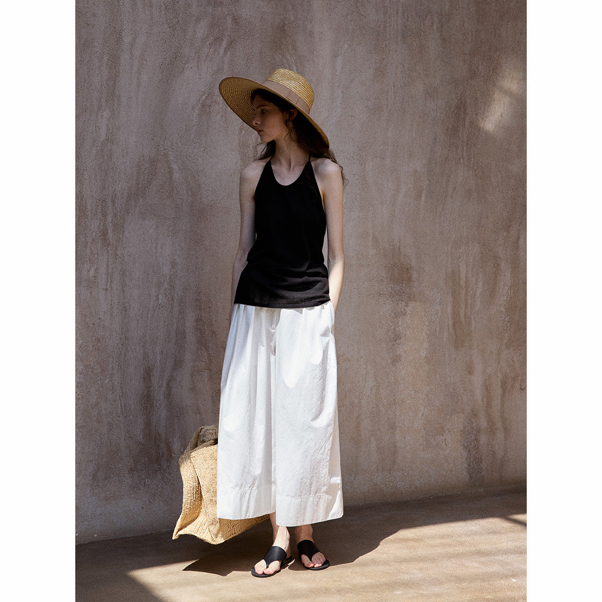 Summer soft and cool wash cotton adjustable middle waist commuting casual nine-point wide-leg pants