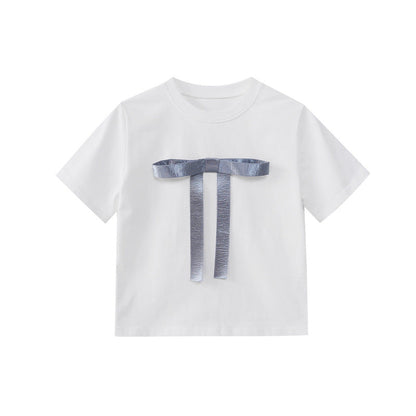 Early spring French slimming versatile slim bow short-sleeved T-shirt