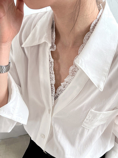 French polo collar lace splicing shirt women's spring new niche high-end temperament top