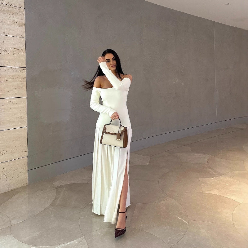 Sexy off-the-shoulder long-sleeved split pleated skirt splicing one-word shoulder European and American dress